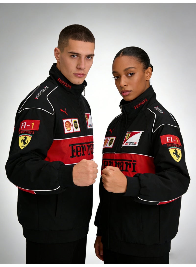 اف 1 سترة سباق فيراري x بوما فورمولا 1 - شارات رعاية شل/يو بي إس، كتلة لون أسود/أحمر، زيب كامل، معطف ملابس شارع رياضة السيارات (الطبعة السعودية) - Image 1